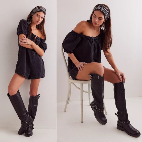 Free People WE THE FREE Daisy Babydoll ROMPER Size M Black Denim Pockets NEW - Picture 1 of 10